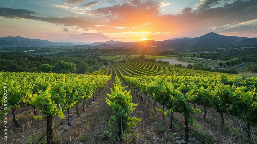 Fototapeta premium Sunset over vineyards in languedoc