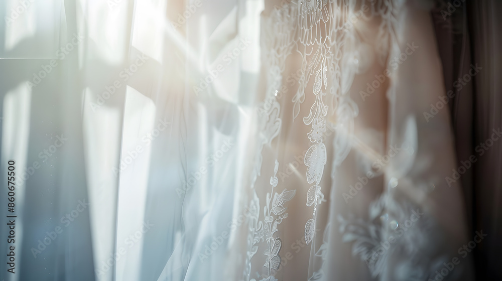Selective focus Wedding dress hanging against a wall background in the room : Generative AI Selective focus Wedding dress hanging against a wall background in the room : Generative AI