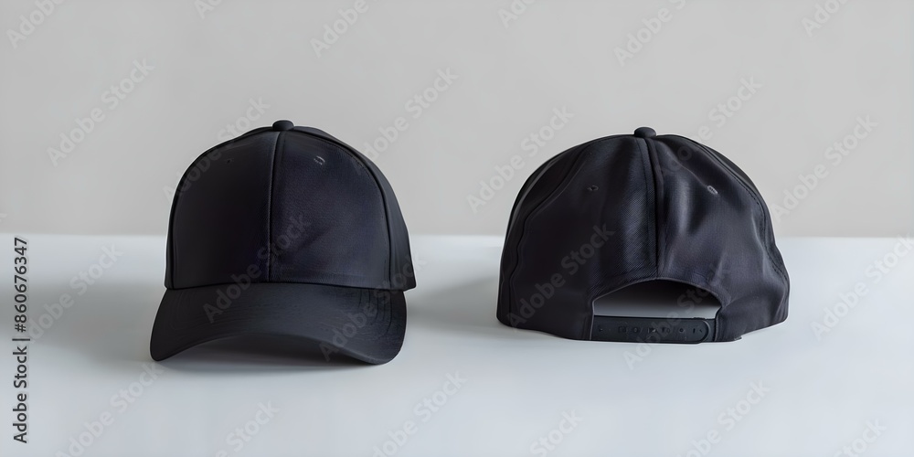 Black cap on white background shown from front and back views. Concept Fashion, Accessory, Headwear, Clothing Design, Minimalistic Style Black cap on white background shown from front and back views. Concept Fashion, Accessory, Headwear, Clothing Design, Minimalistic Style