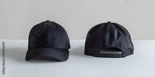 Black cap on white background shown from front and back views. Concept Fashion, Accessory, Headwear, Clothing Design, Minimalistic Style
