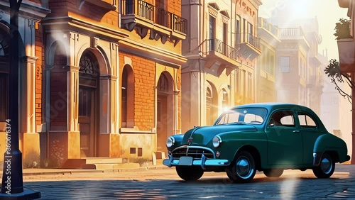 View of the old city with classic cars, in a smooth looping background with 4K video animation.
