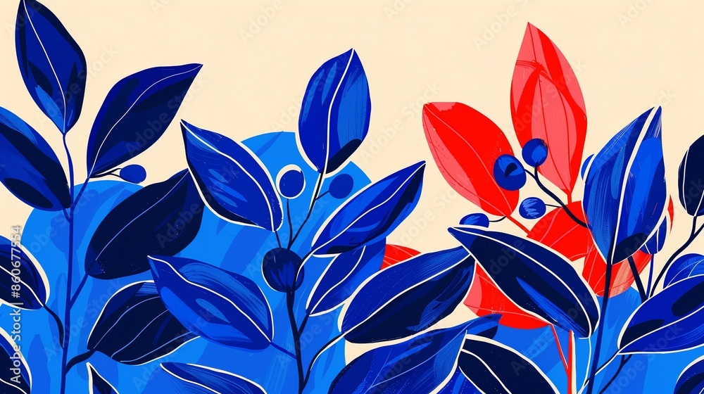Fototapeta premium Vivid Blue Foliage Painting With Red Accents