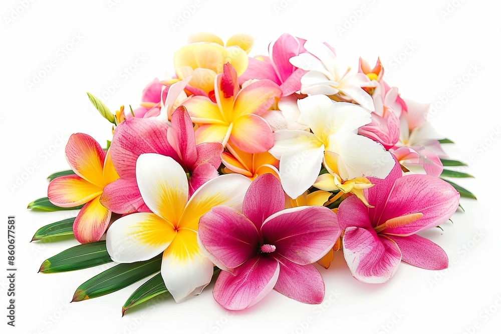 Vibrant Tropical Flower Bouquet With Orchids and Plumeria on White Background Vibrant Tropical Flower Bouquet With Orchids and Plumeria on White Background