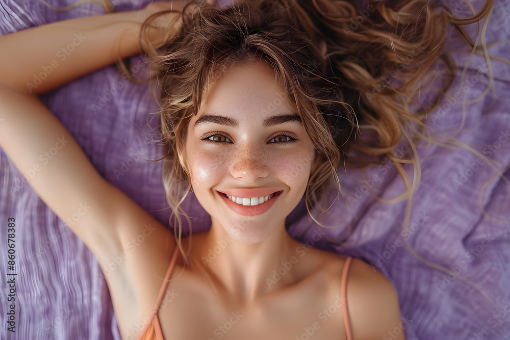 Photo of nice young girl wear shirt isolated on violet color background Photo of nice young girl wear shirt isolated on violet color background