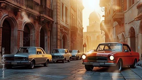 Wallpaper Mural View of the old city with classic cars, in a smooth looping background with 4K video animation. Torontodigital.ca