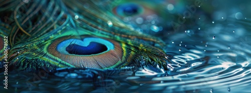 Vibrant Peacock Feathers Floating on Blue Water
