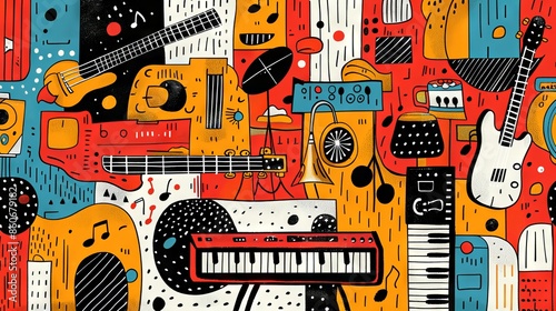 A colorful pattern of musical instruments. photo