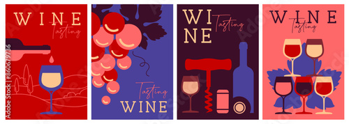 Set of modern magazine covers or posters with wine bottles and glasses. Restaurant menu design. Vector illustration