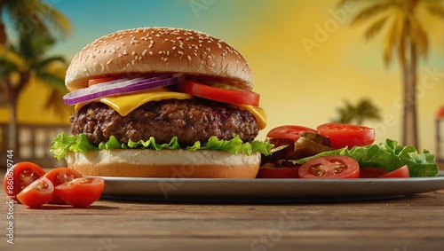 hamburger on a wooden table with yellow background 