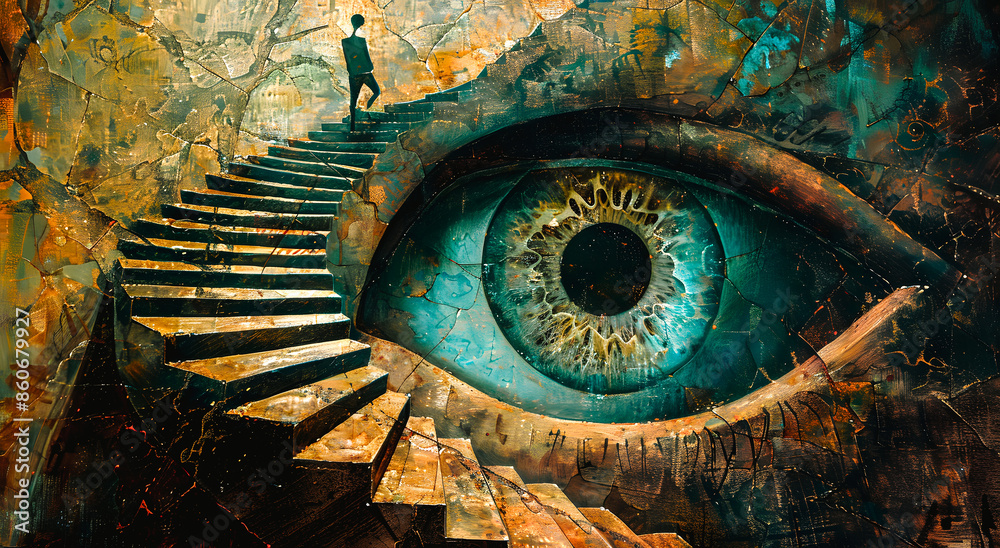 Fototapeta premium Homme montant un escalier autour d'un œil géant