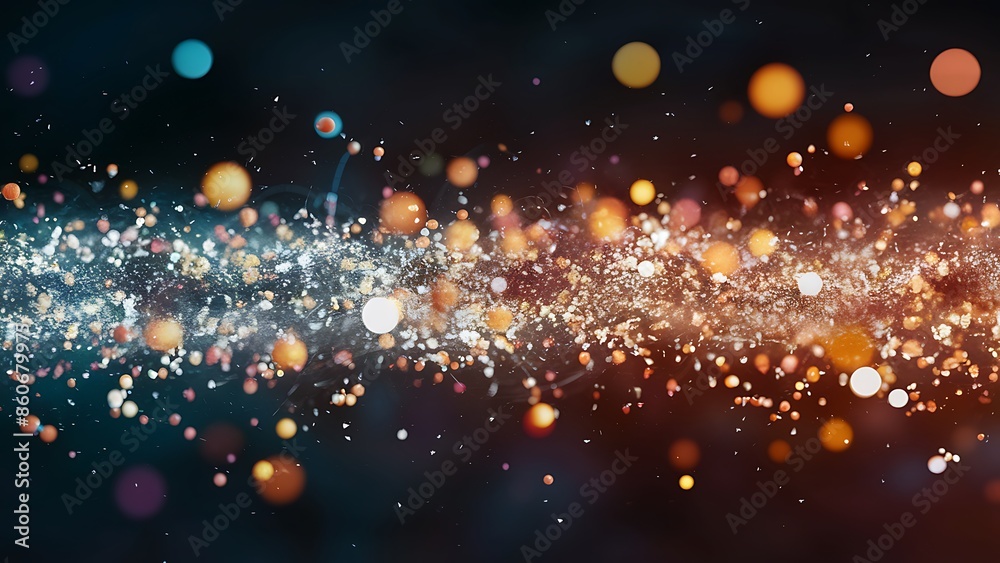 Vibrant particles and light dots with bokeh effects against dark background

