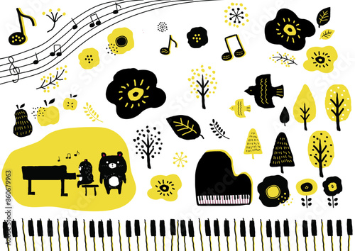 手描き北欧風の森のクマさんのピアノ教室イラストセット