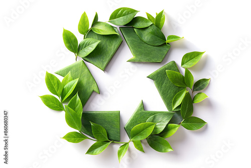 Recycling symbol on green leaves.

