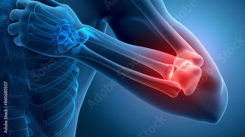 An X-ray image showing inflammation in the elbow joint, highlighted in red to indicate pain...Detailed illustration of elbow joint pain, showcasing internal structure and inflammation