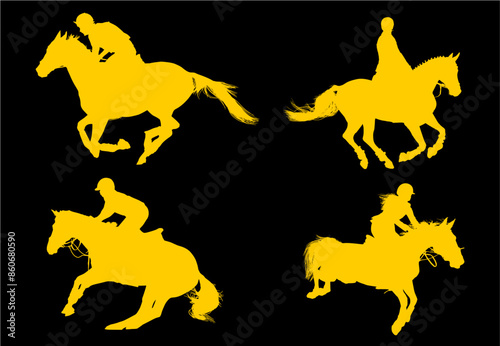 equitacion, carrera, pegatina, competencia, caballo, equestre, vectores, galope, yeguas, jinete