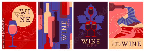 Set of modern magazine covers or posters with wine bottles and glasses. Restaurant menu design. Vector illustration