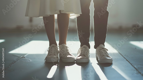 Hipster couple standing together wearing white sneakers Wedding in sneakers love Soft focus tehnic wedding style clothes : Generative AI photo