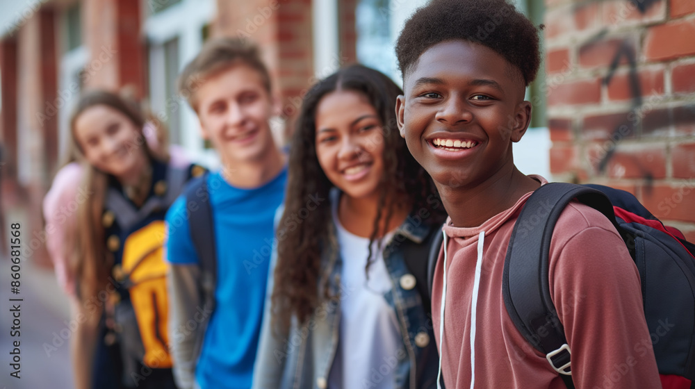 A group of diverse teenagers smile happily while standing outside a school building...Joyful friends of different races enjoying their time together after school A group of diverse teenagers smile happily while standing outside a school building...Joyful friends of different races enjoying their time together after school