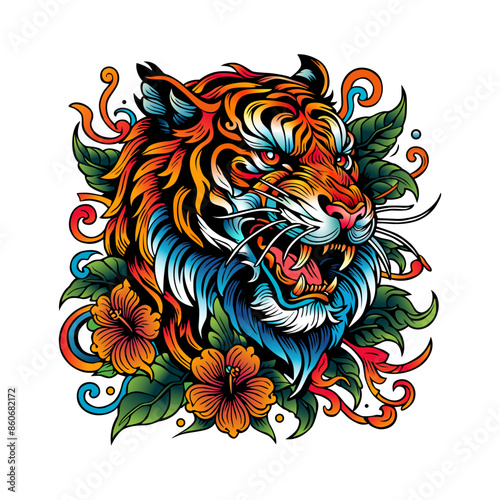 Bild auf Leinwand Neo Traditional Tiger Illustration - Vibrant Colors