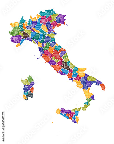 Italy shape. Country word cloud with region division. Italy colored illustration. Region names cloud. Vector illustration.