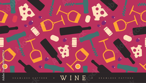 Seamless pattern with wine glasses, wine bottles, cheese, corkscrew and cork. Vector illustration