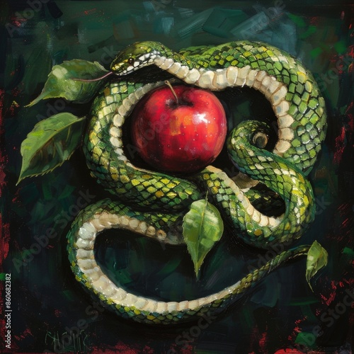 A snake coiled around an apple, a symbol of temptation and deceit
