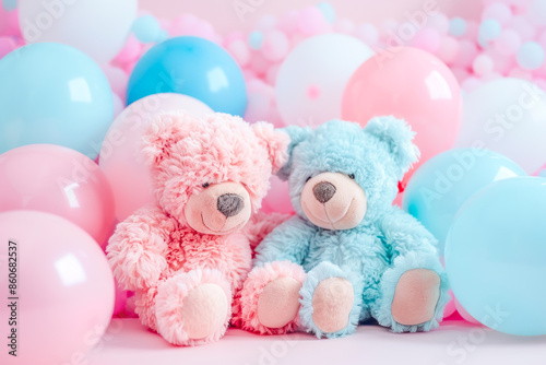 A pink teddy bear next to a blue teddy bear surrounded by blue and pink balloons. Baby shower concept, gender reveal and newborn.