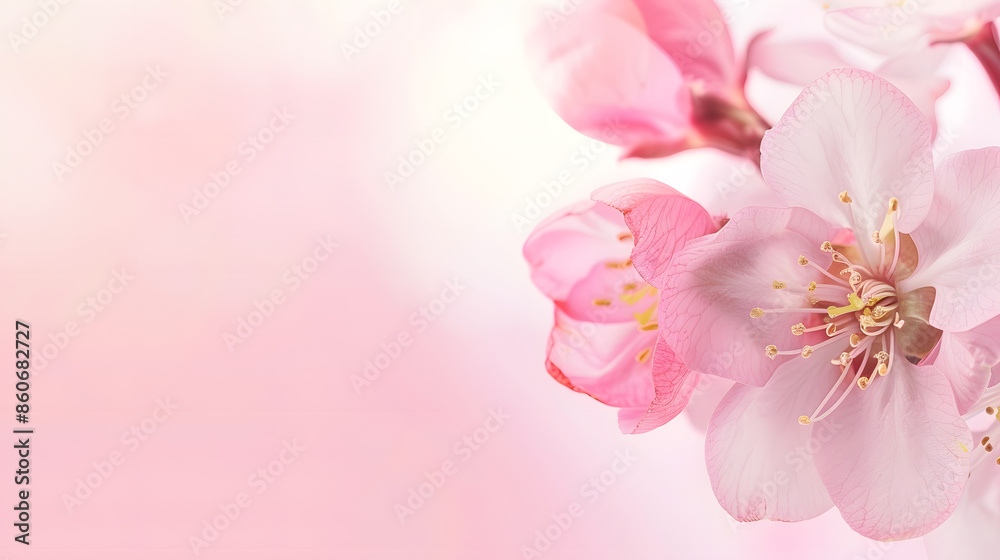 Pink Wedding Blossom website header  Wide soft focus website header background with delicate pink apple blossom on right hand side and plenty of copy space on left : Generative AI