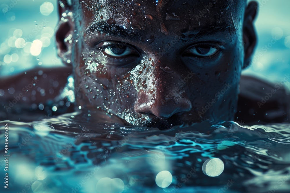 A close-up shot of someone swimming in the water