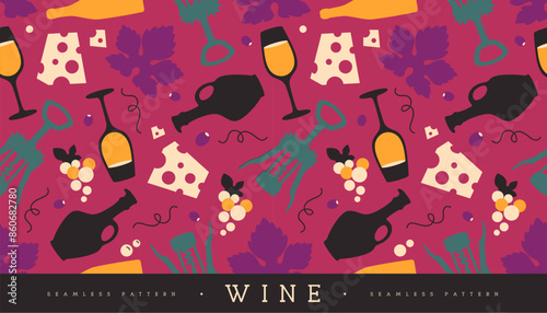 Seamless pattern with wine glasses, wine bottles, cheese, corkscrew and grapes. Vector illustration