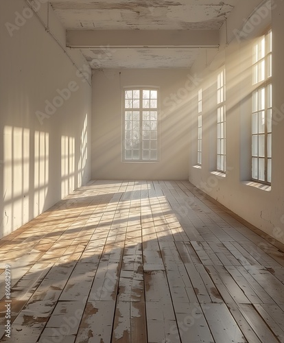 room wooden floor window transparent soft white glow industrial apparent sunlight space floating particles gallery empty buildings young faded