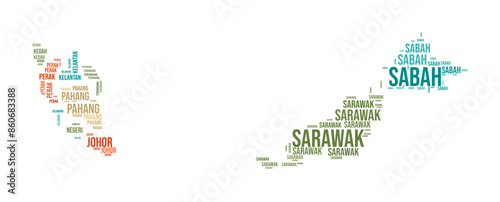 Malaysia Word Cloud. Country shape with region division. Malaysia typography style image. Region names tag clouds. Vector illustration.