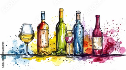 A variety of watercolor wine bottles and glasses.