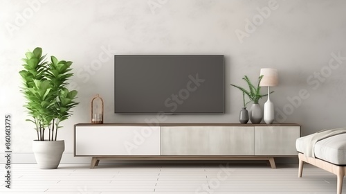 Interior mock up living room. cabinet for TV or place object in modern living room with lamp,table,flower and plant.