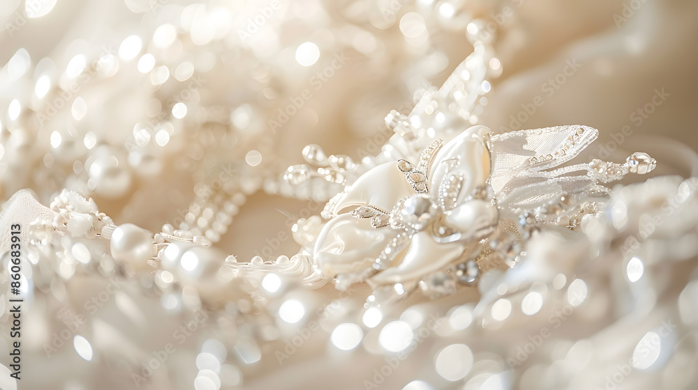 Fototapeta premium Luxury ivory wedding accessories for bride selective focus : Generative AI