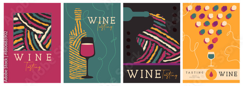 Set of modern magazine covers or posters with wine bottles, glasses and abstract texture. Restaurant menu design. Vector illustration