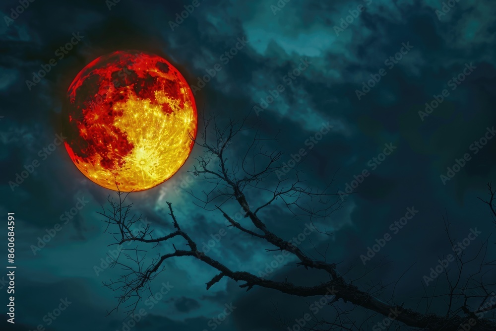 A picture of a full moon at night with a tree in the foreground A picture of a full moon at night with a tree in the foreground