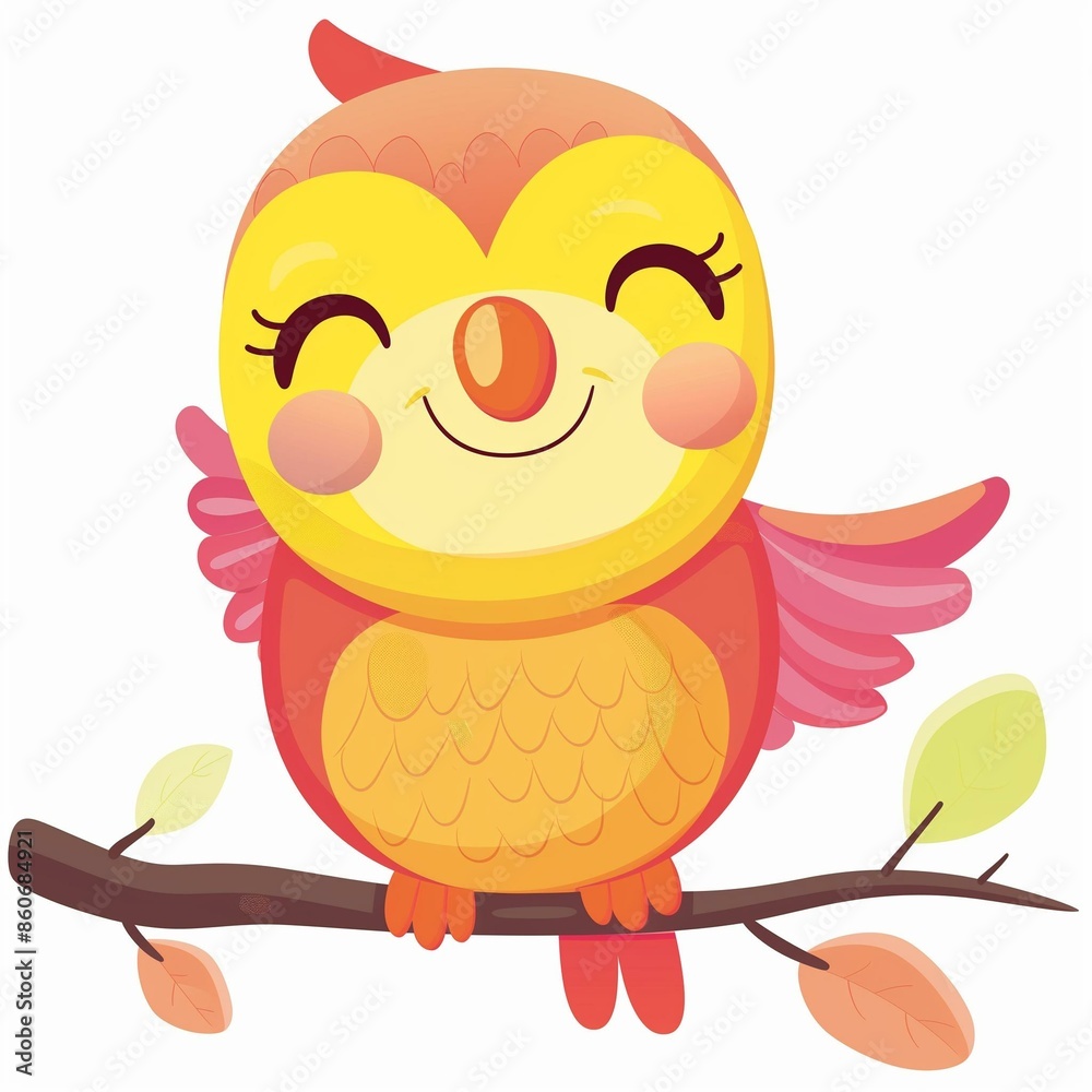 Naklejka premium Cute Smiling Owl Illustration on Branch with Colorful Leaves
