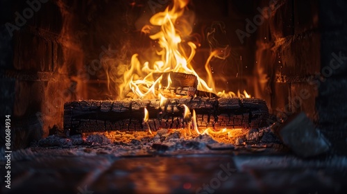 Fireplace with blazing fire and logs photo