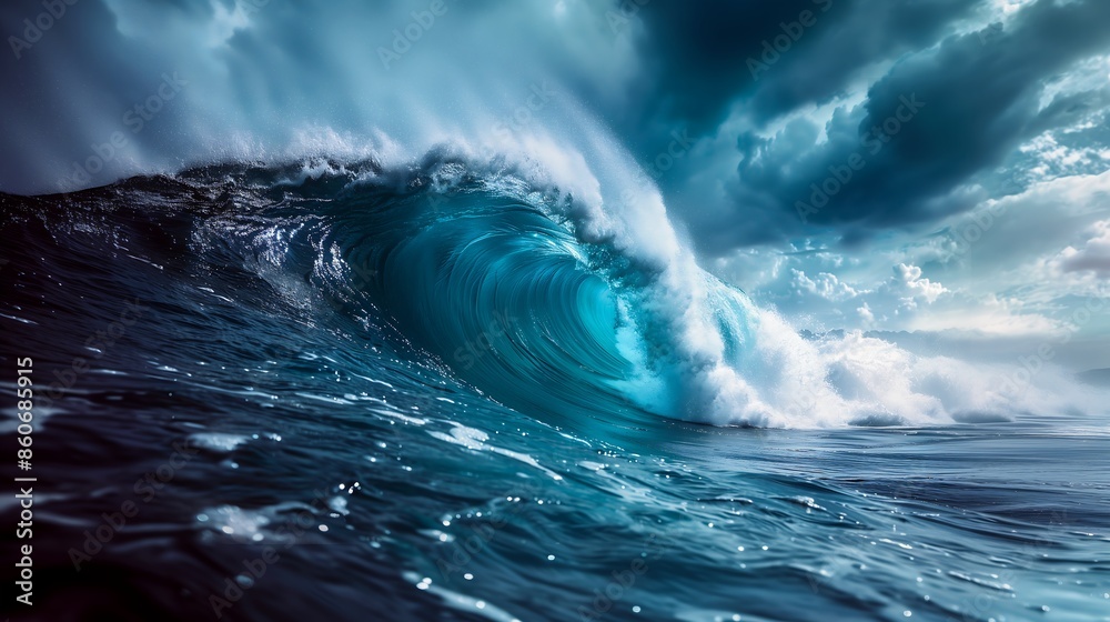 Fototapeta premium view large wave breaking ocean background trench crusade deep small waves only blue strong walls pristine