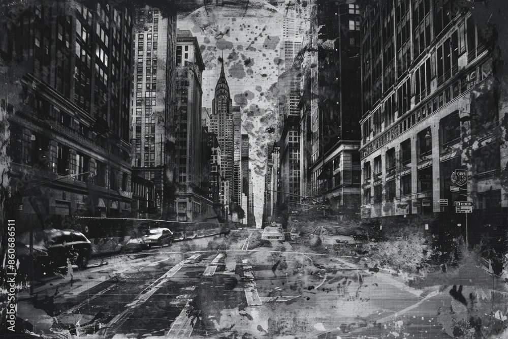 Fototapeta premium A monochrome image of an urban street scene with various architecture and vehicles