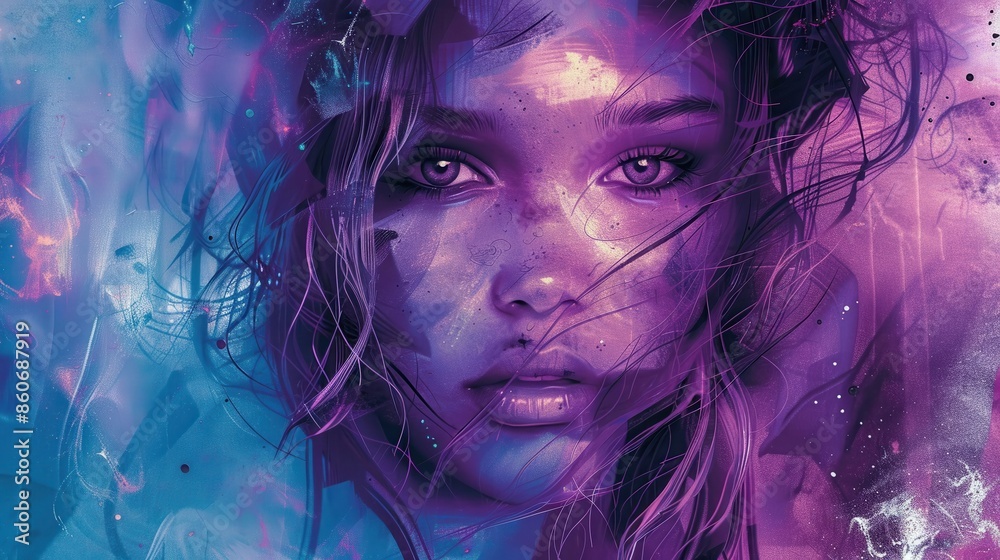 Art poster print of a girl in Blue and Purple Art poster print of a girl in Blue and Purple