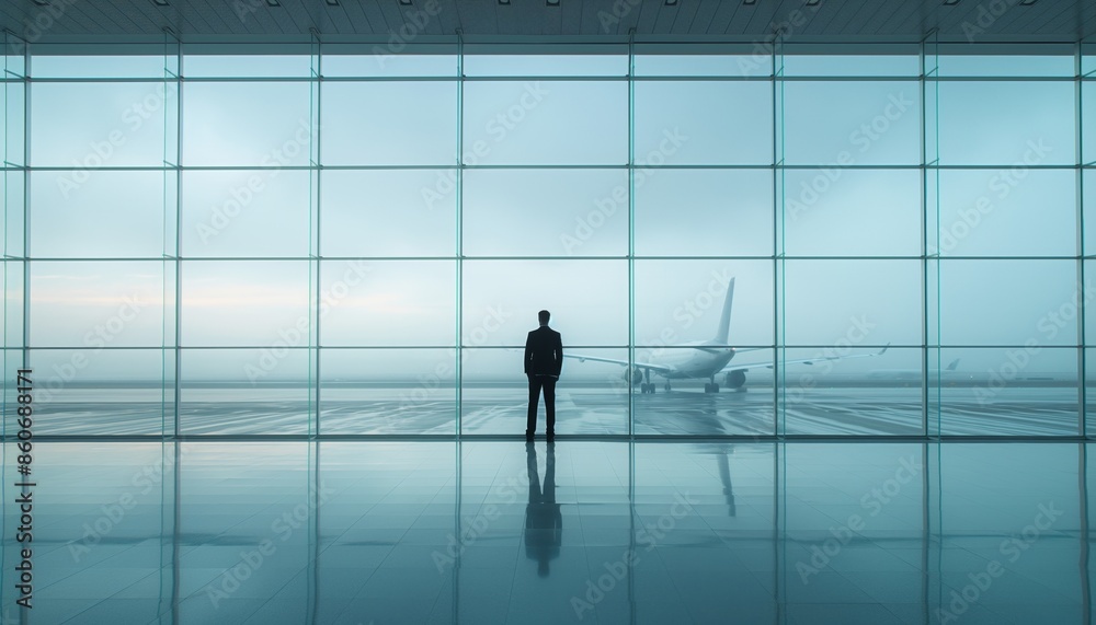 A person stands inside a vast airport terminal looking at a grounded airplane through the glass wall A person stands inside a vast airport terminal looking at a grounded airplane through the glass wall