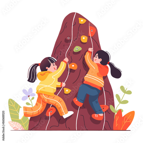 Children are engaged in rock climbing. Active sport, competition for climbing in height. Young person in moving. Vector cartoon flat illustration