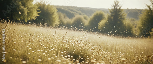 Pollen grains and pollen particles, which can trigger allergies, are transported by wind through the air in a meadow in spring