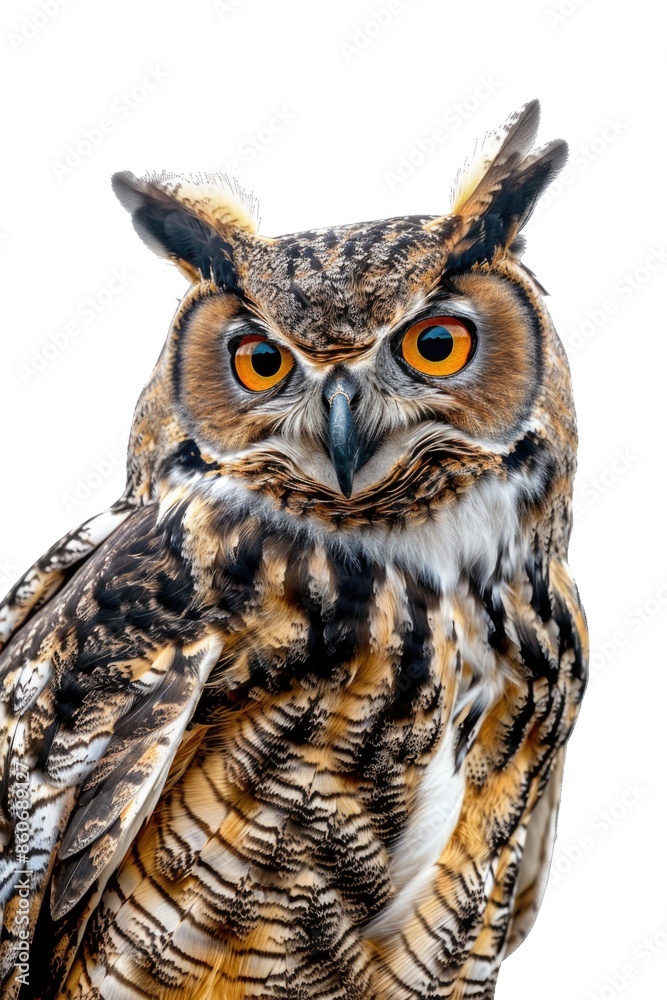Close-up of an owl sitting on a white surface, looking directly at the camera Close-up of an owl sitting on a white surface, looking directly at the camera