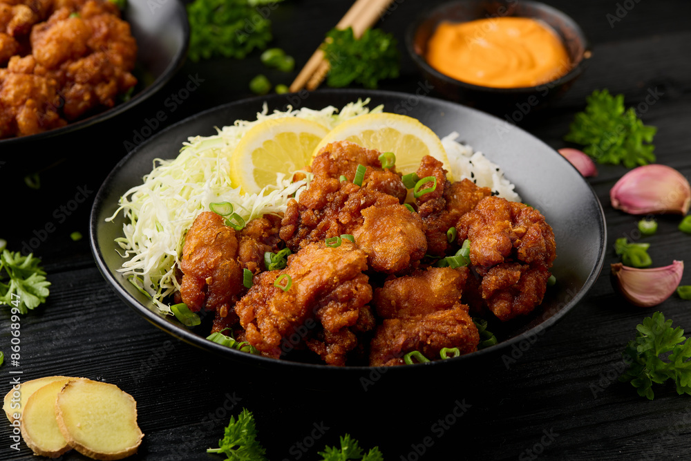 Japanese Fried crispy Chicken Karaage in black bowl with rice and cabbage Japanese Fried crispy Chicken Karaage in black bowl with rice and cabbage