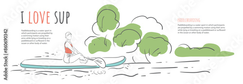 Stand up paddle boarding. SUP surfing vector banner template. A surfer with a paddle against a background of bushes floats along the river. Paddleboarding, SUP fitness on the water. 