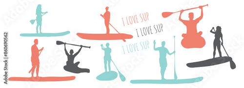 Silhouette vector set of SUP surfing. Male and female surfer with paddle. Paddleboarding, SUP fitness on the water. A guy and a girl surfer on board. Abstract isolated surf shape.