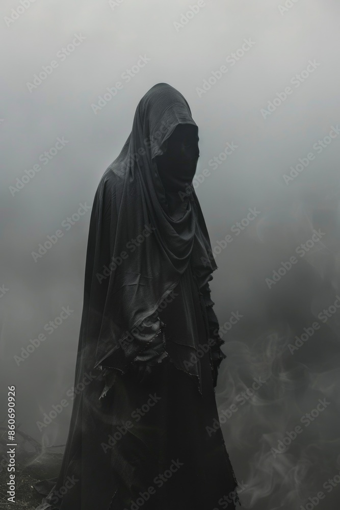 A person is standing in dense fog, wearing a long black cloak A person is standing in dense fog, wearing a long black cloak